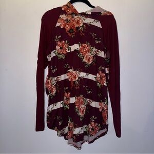Mts women’s size medium hooded long sleeve shirt maroon white stripes floral